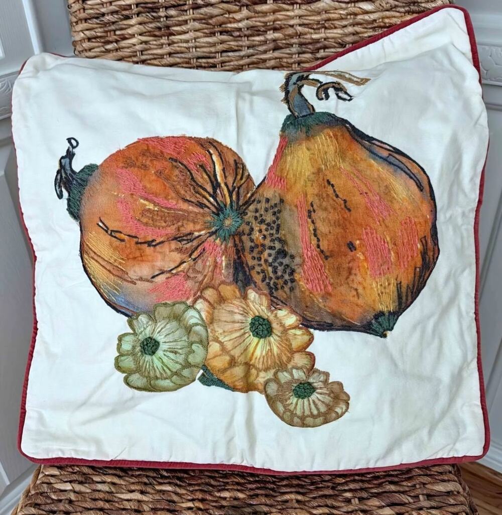 Pottery Barn 2015 Embroidered Pumpkin Gourd Fall Pillow Cover 20x20 Velvet